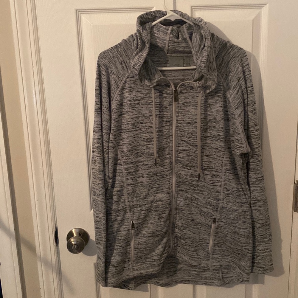 Athleta longer hooded jacket. inside drawstrings to tighten waist .